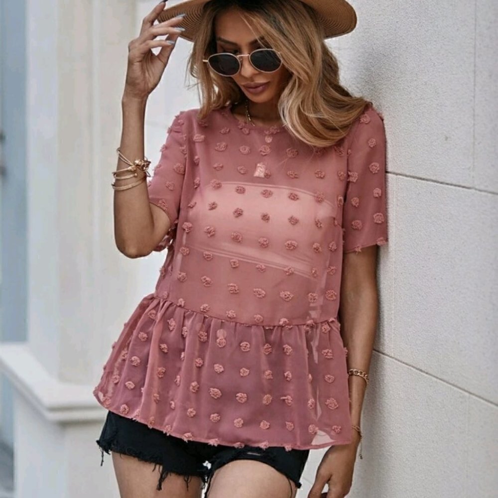 NWOT SHEIN Pink swiss dot sheer flowy peplum boho festival top